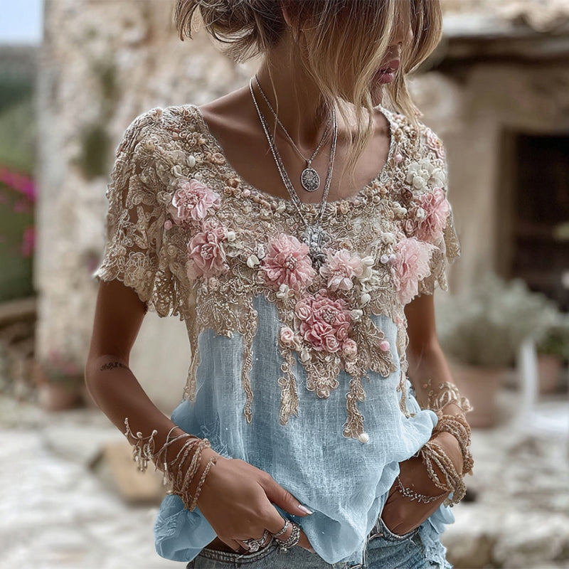 T-shirt Femme Col Rond Manches Courtes Broderie Rose Art Lin Mélangé