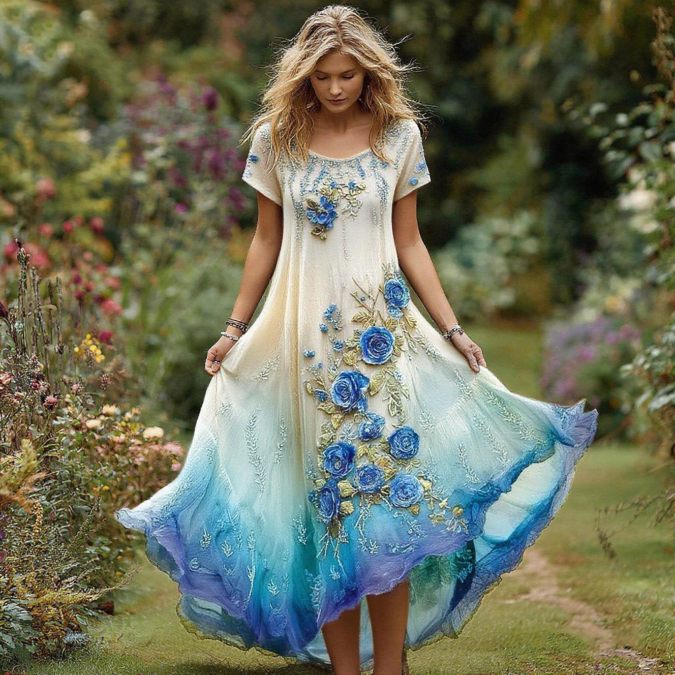 Robe femme vintage à broderie florale dégradée et col rond