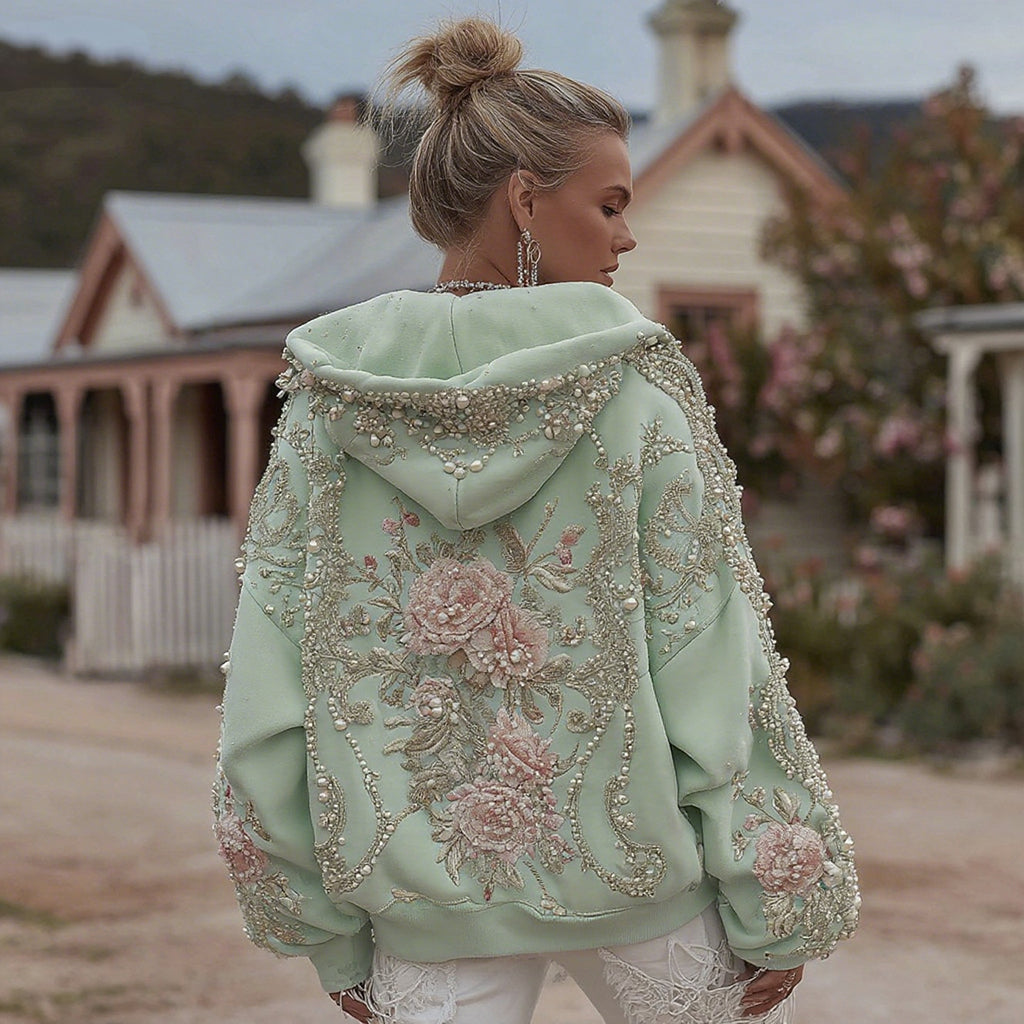 Sweat-shirt décontracté à capuche brodé floral bohème rétro pour femme
