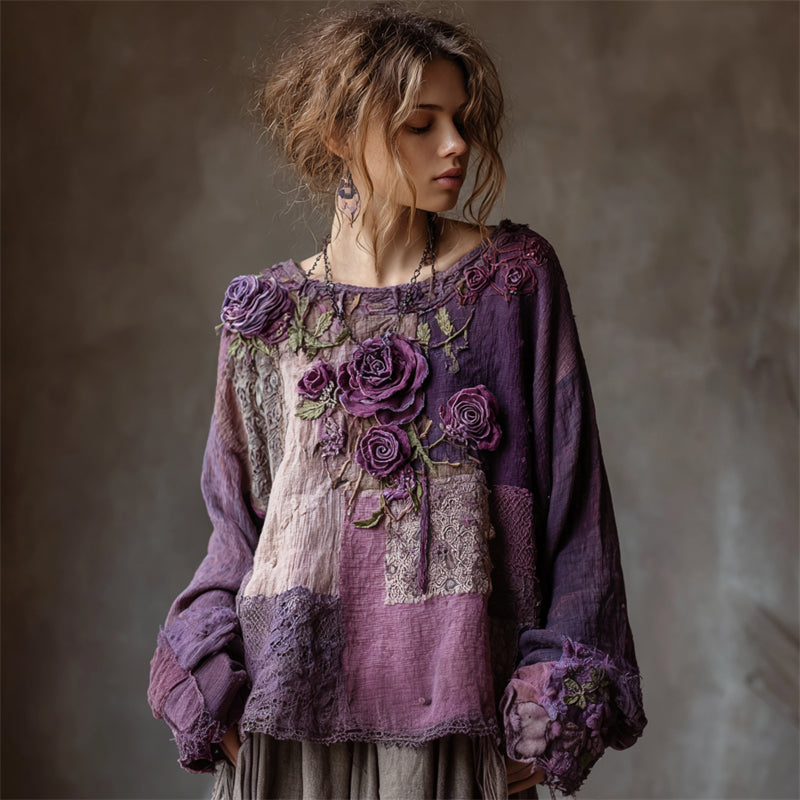 Tunique en lin vintage avec patchwork de dentelle et roses violettes, style bohème