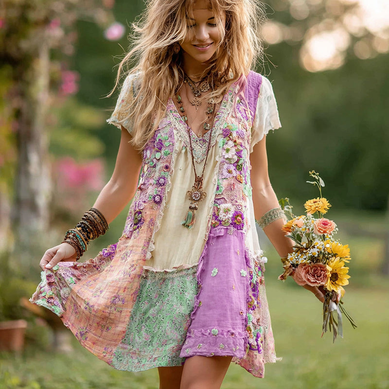 Robe courte rétro en coton et lin à fleurs pour femmes