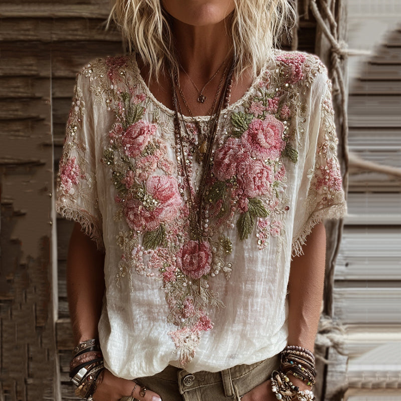 T-shirt Femme Col Rond Manches Courtes Broderie Rose Art Lin Mélangé