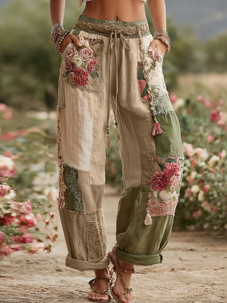 Collection Amour & Santé Pantalon en lin avec imprimé patchwork rétro roses et motifs floraux