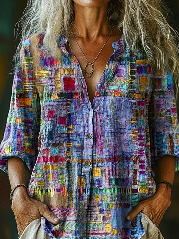 Chemise décontractée en coton et lin pour femme, style ethnique rétro, imprimé patchwork