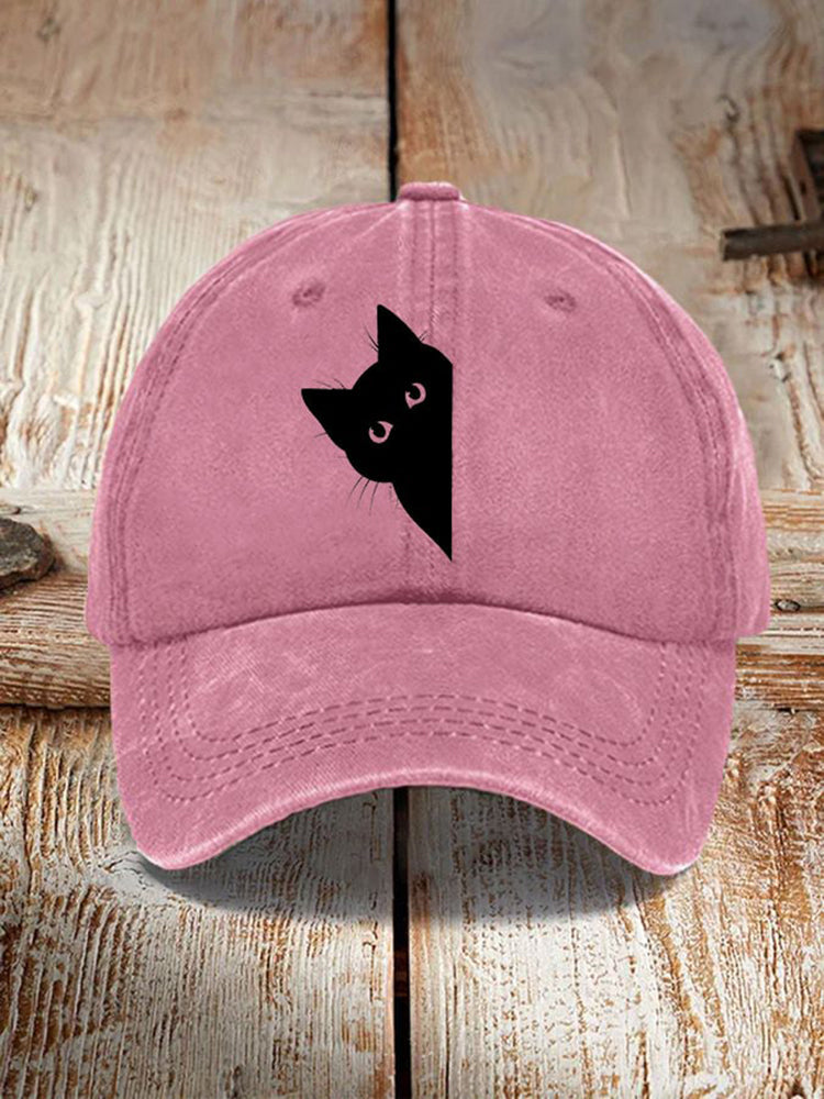Chapeau de soleil délavé imprimé chat noir d'art japonais