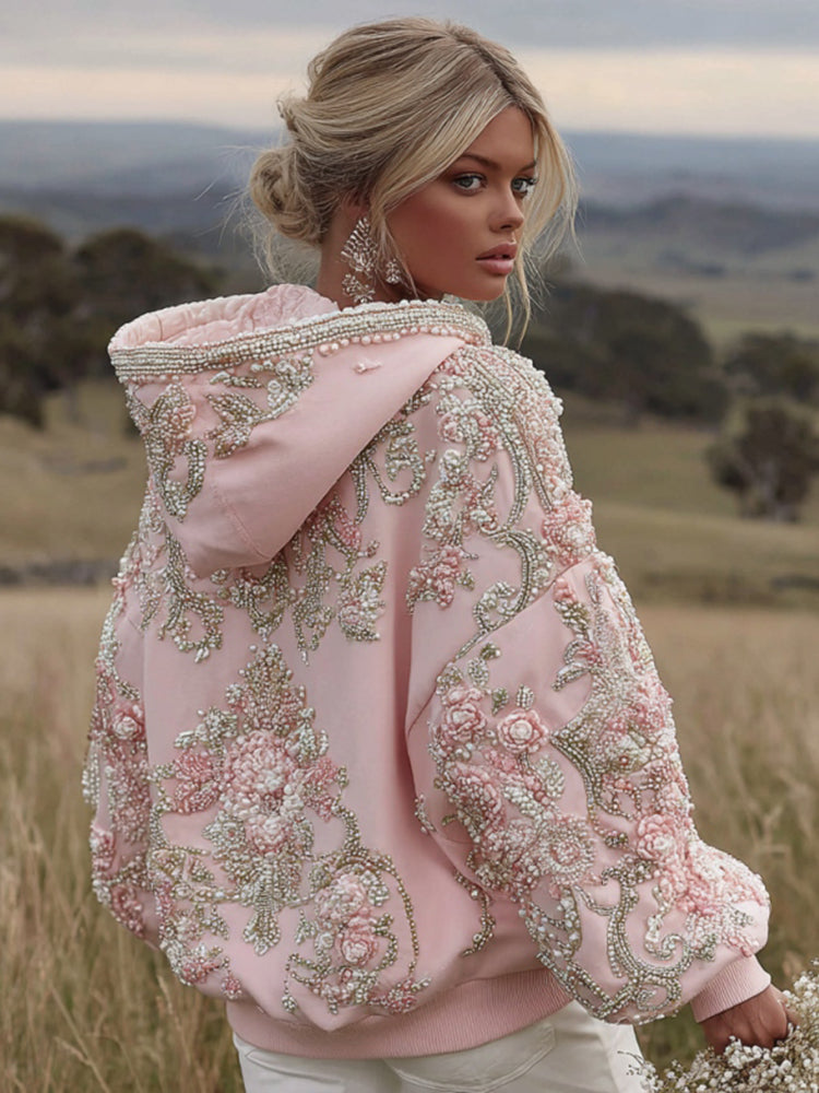 Sweat à capuche à manches longues pour femme avec broderie florale rose