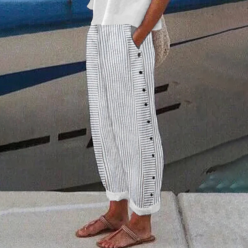 Pantalon Confortable en Coton et Lin Imprimé Rayures Vintage