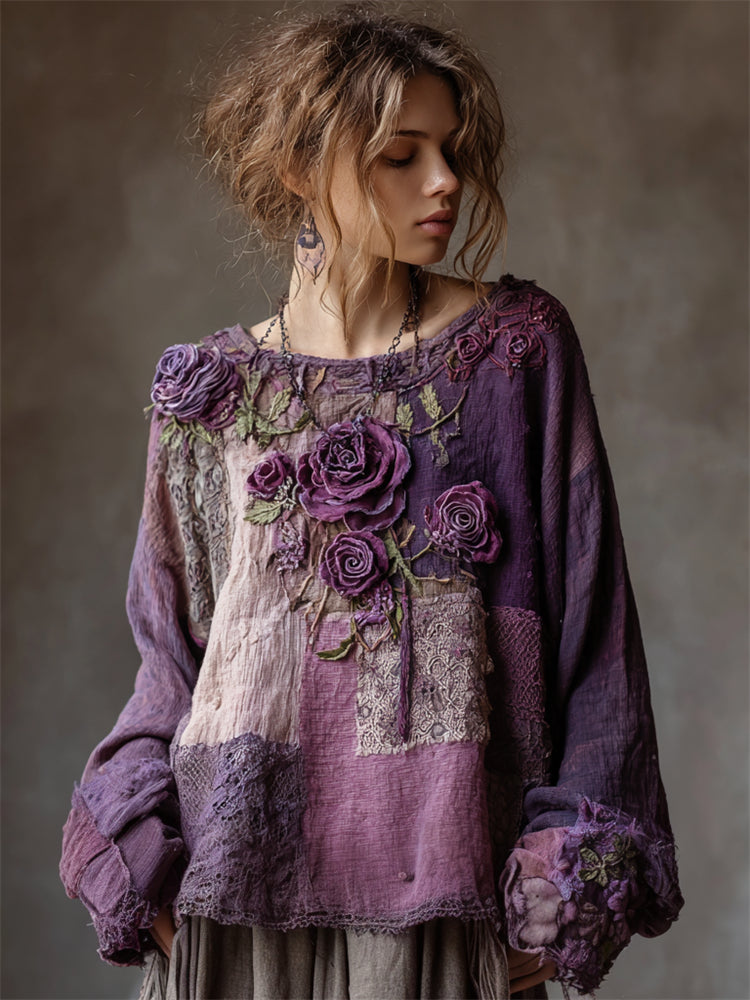 Tunique en lin vintage avec patchwork de dentelle et roses violettes, style bohème