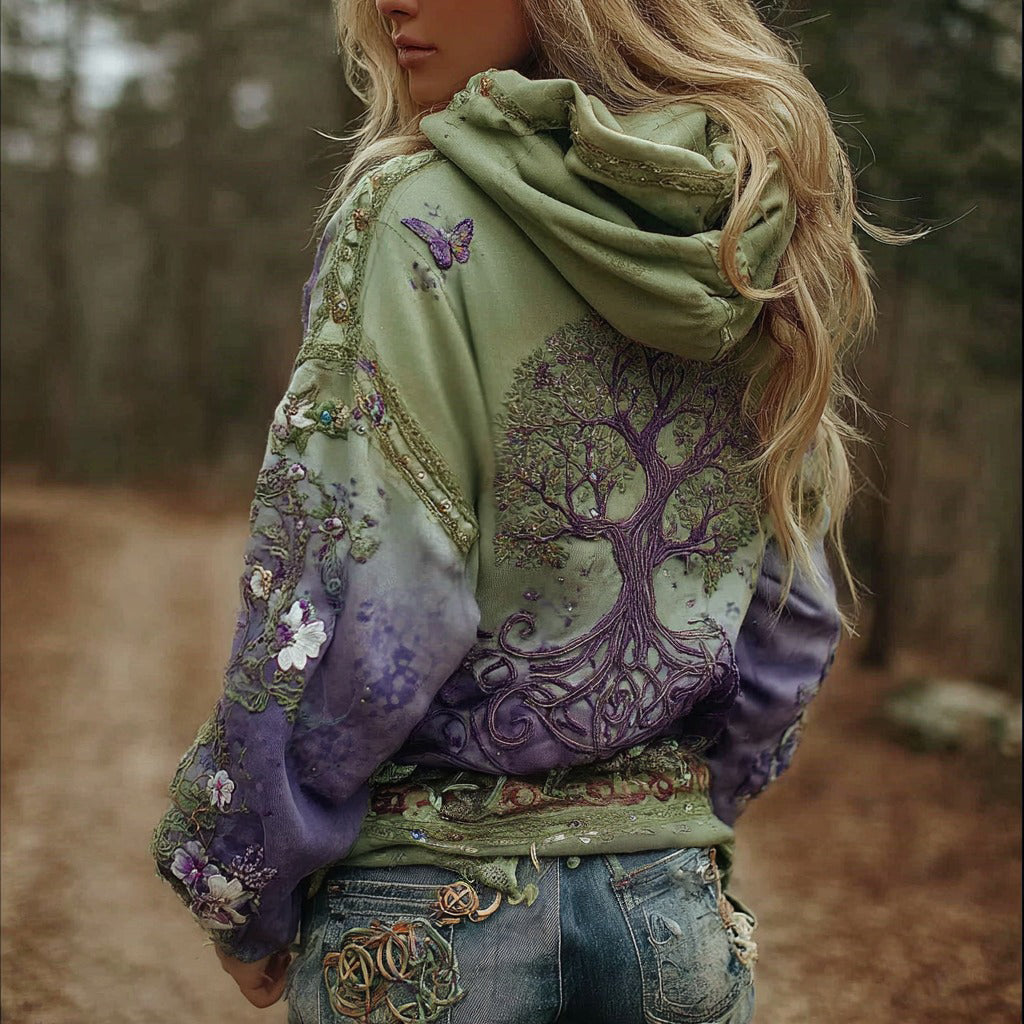 Sweat à capuche confortable dégradé, motif Arbre de Vie viking vintage, pour femmes