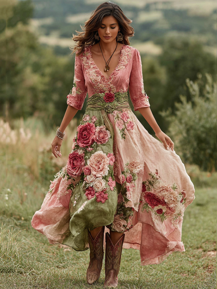 Robe longue vintage pour femme en lin mélangé à col en V et imprimé floral