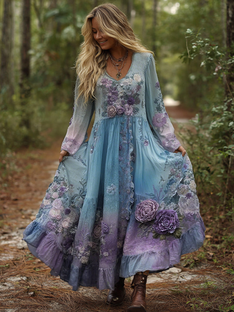 Robe longue vintage classe dégradée violette lavande et brodée de fleurs
