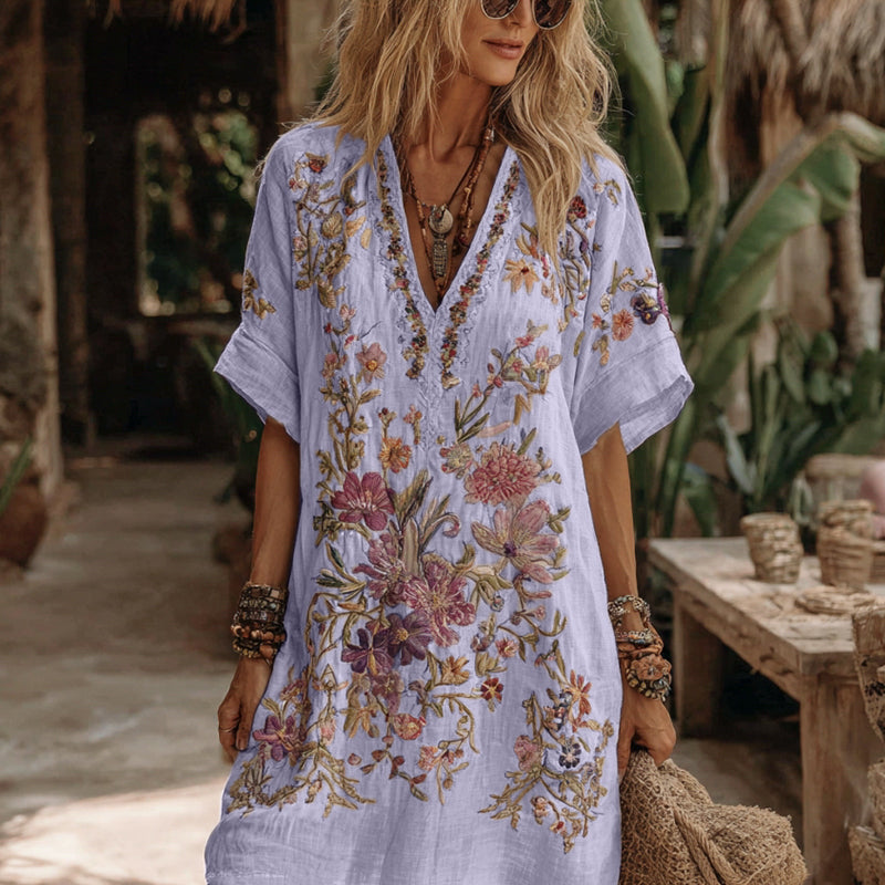 Robe midi confortable à broderie florale et col en V pour femme