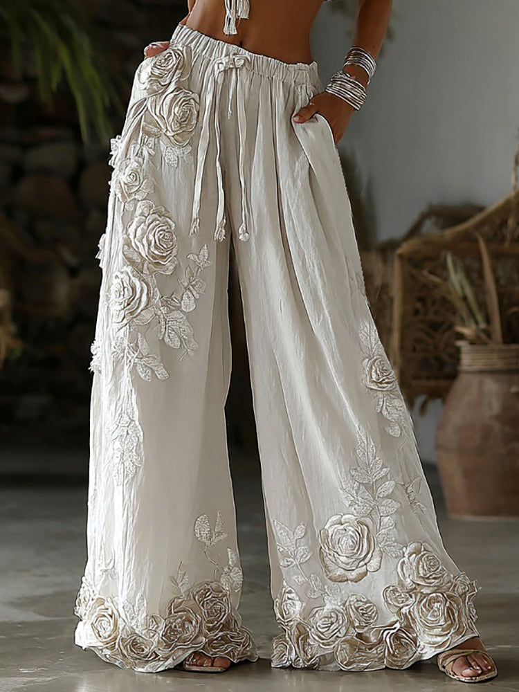 Pantalon en lin décontracté brodé floral style rétro pour femmes