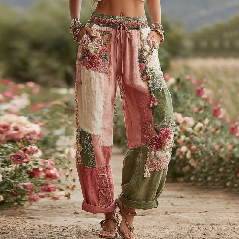Collection Amour & Santé Pantalon en lin avec imprimé patchwork rétro roses et motifs floraux