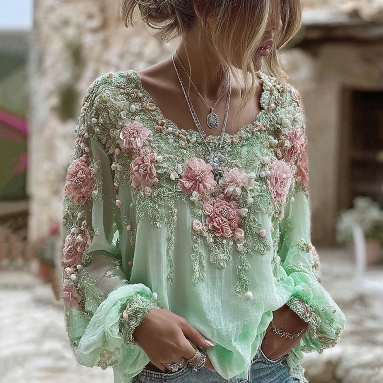 T-shirt en mélange de lin à manches longues et col rond avec broderie rose pour femme