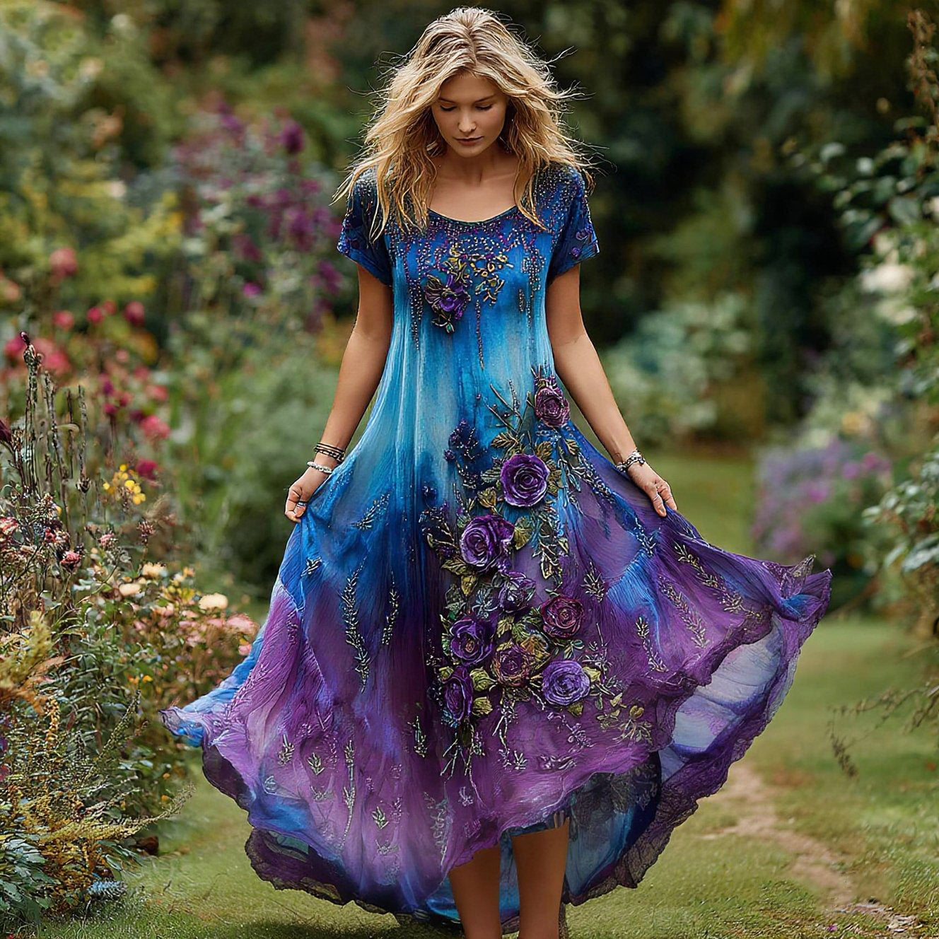 Robe femme vintage à broderie florale dégradée et col rond