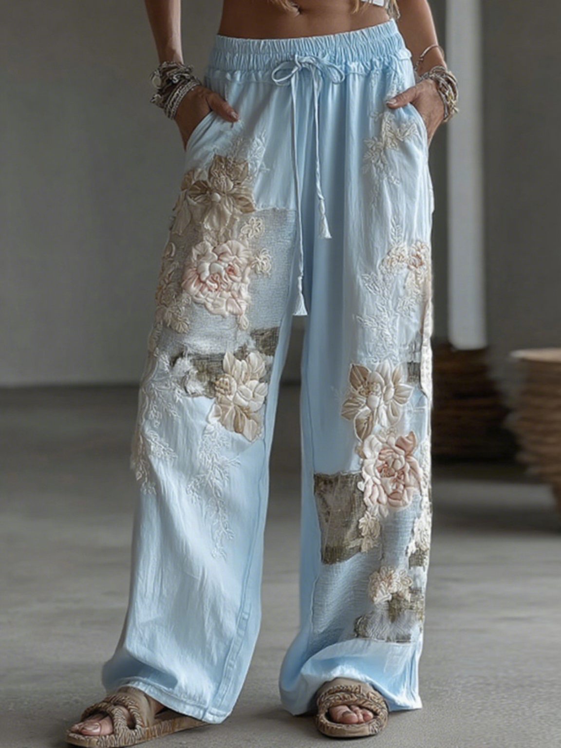 Pantalon décontracté en lin pour femme, avec patchwork floral rétro et motifs artistiques