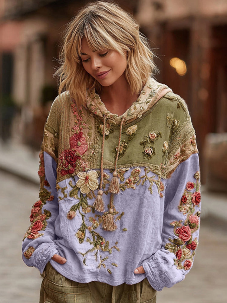 Sweat-shirt décontracté à capuche pour femme avec broderie florale et blocs de couleurs style bohème