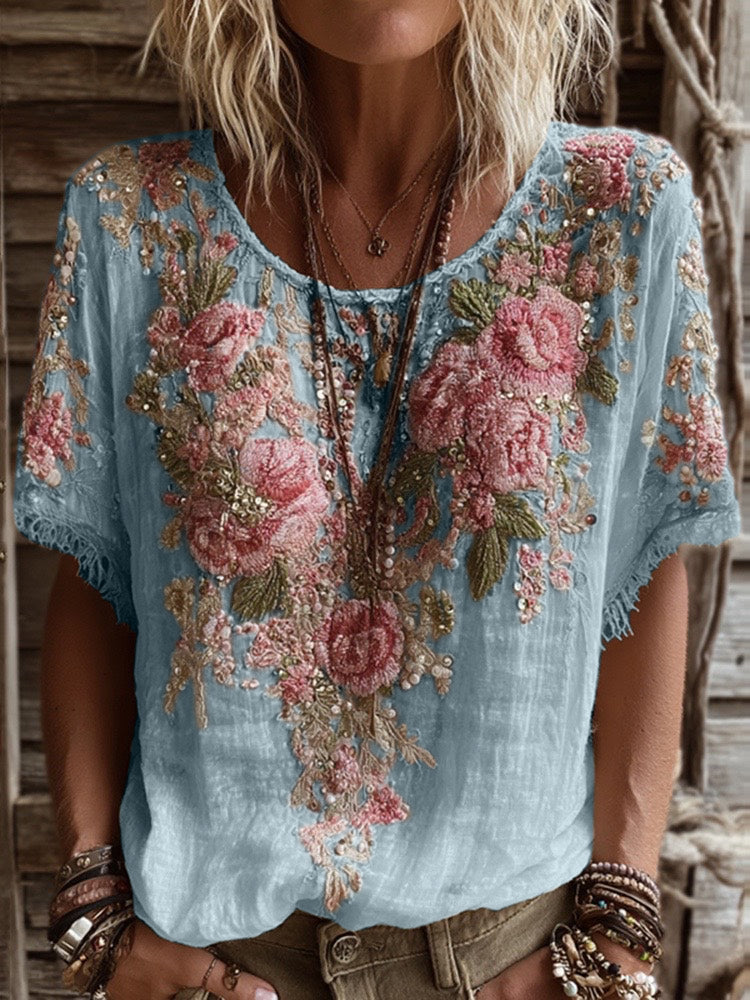 T-shirt Femme Col Rond Manches Courtes Broderie Rose Art Lin Mélangé