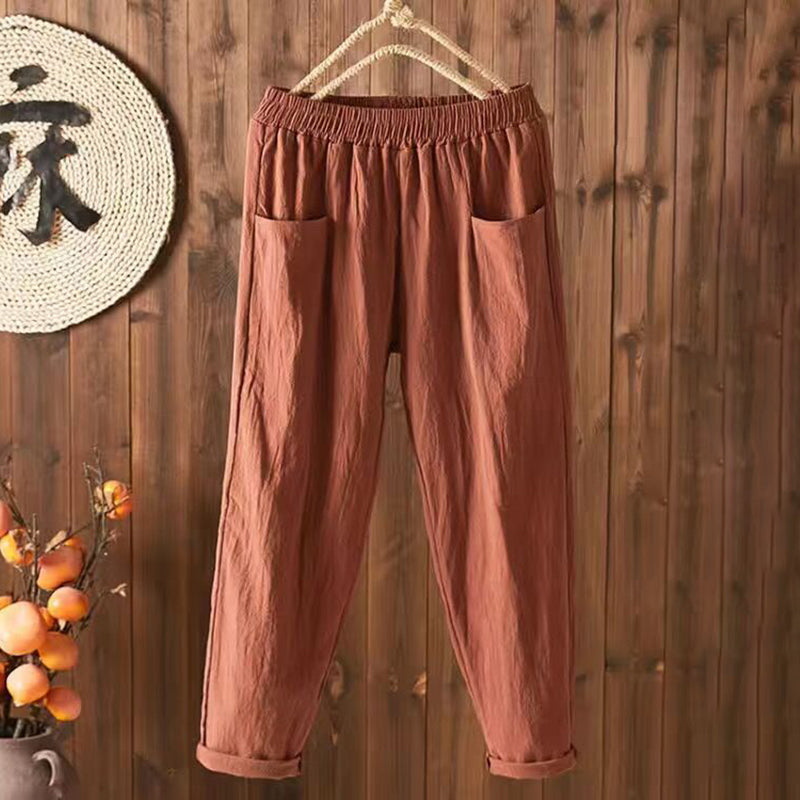 Pantalon Confortable en Coton et Lin à Poches Style Vintage