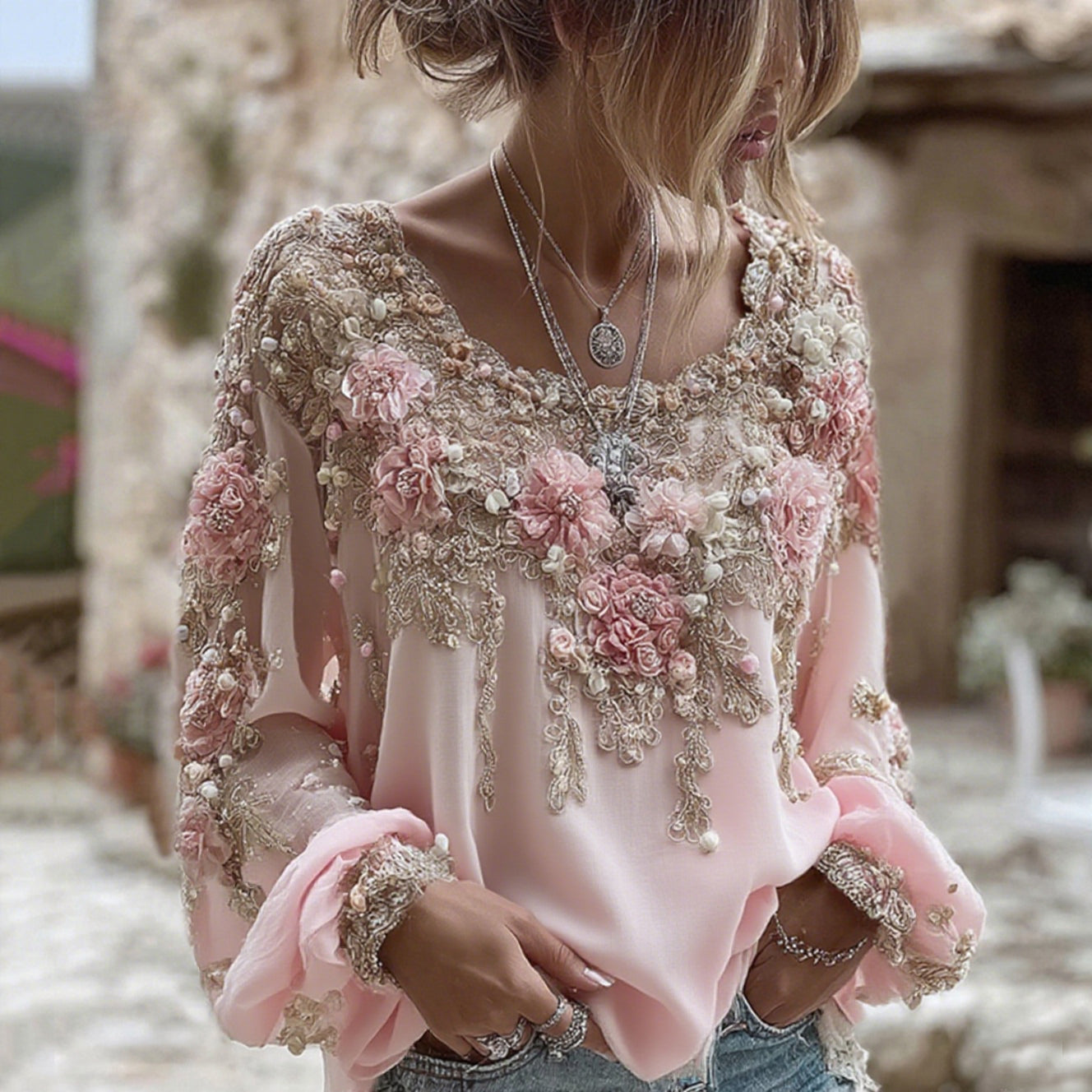 T-shirt en mélange de lin à manches longues et col rond avec broderie rose pour femme