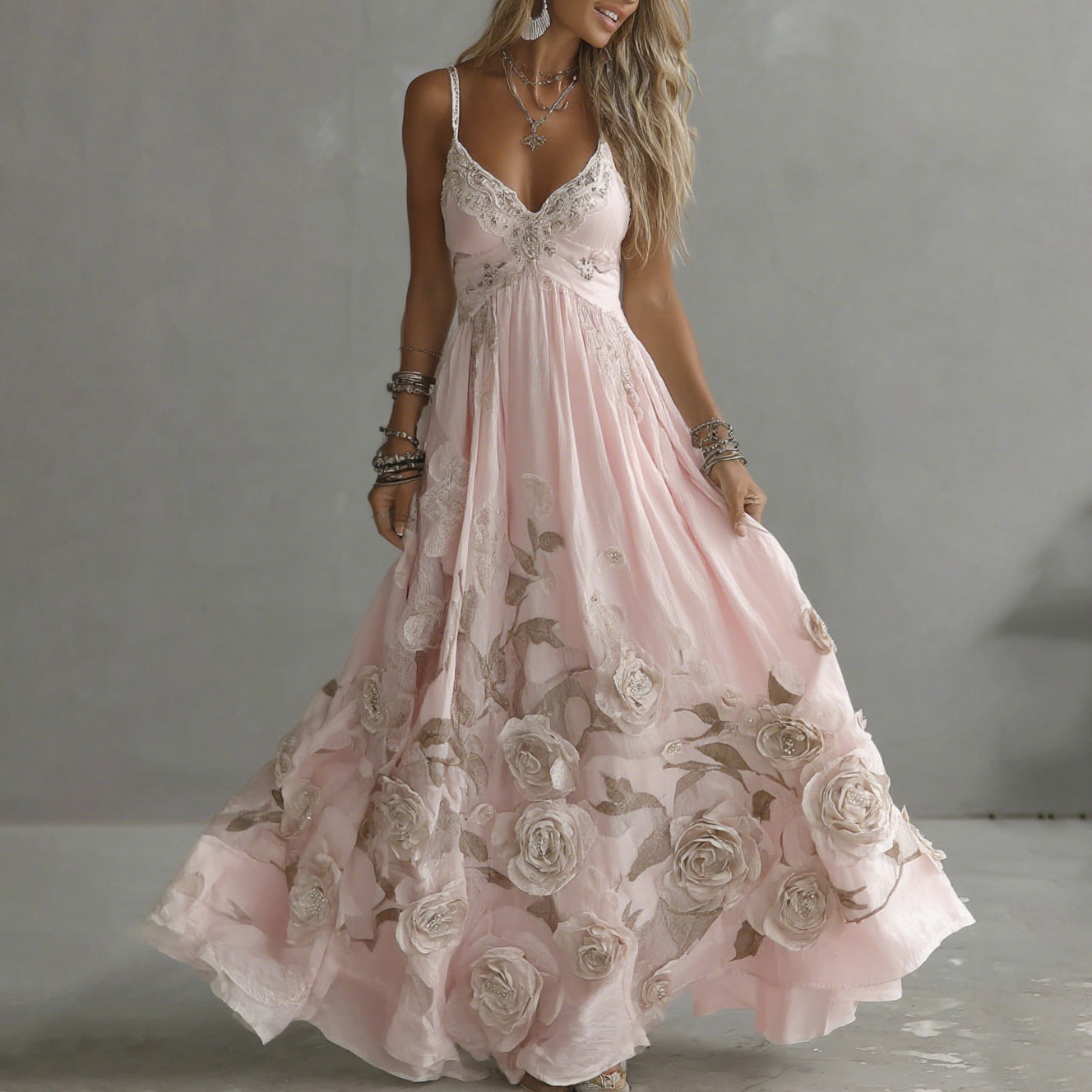 Robe longue à bretelles col en V brodée roses vintage pour femme