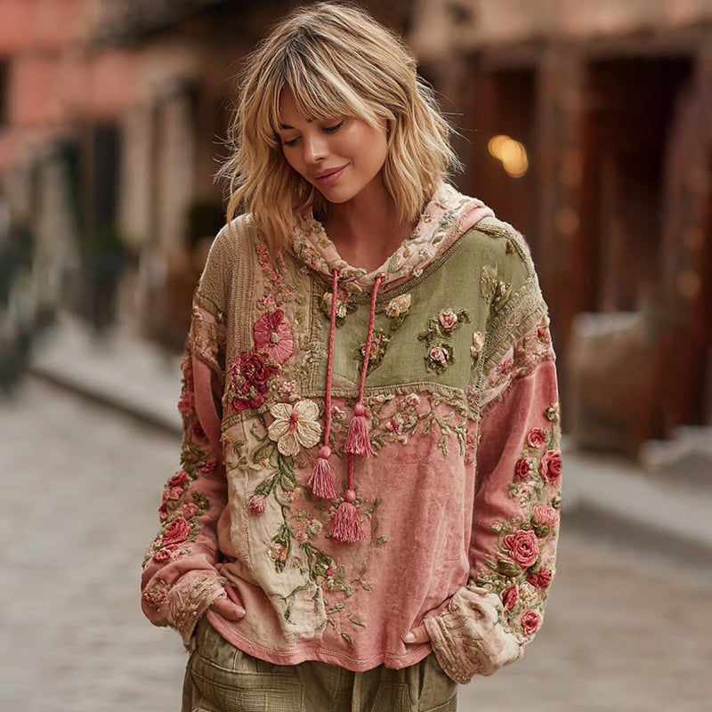 Sweat-shirt décontracté à capuche pour femme avec broderie florale et blocs de couleurs style bohème