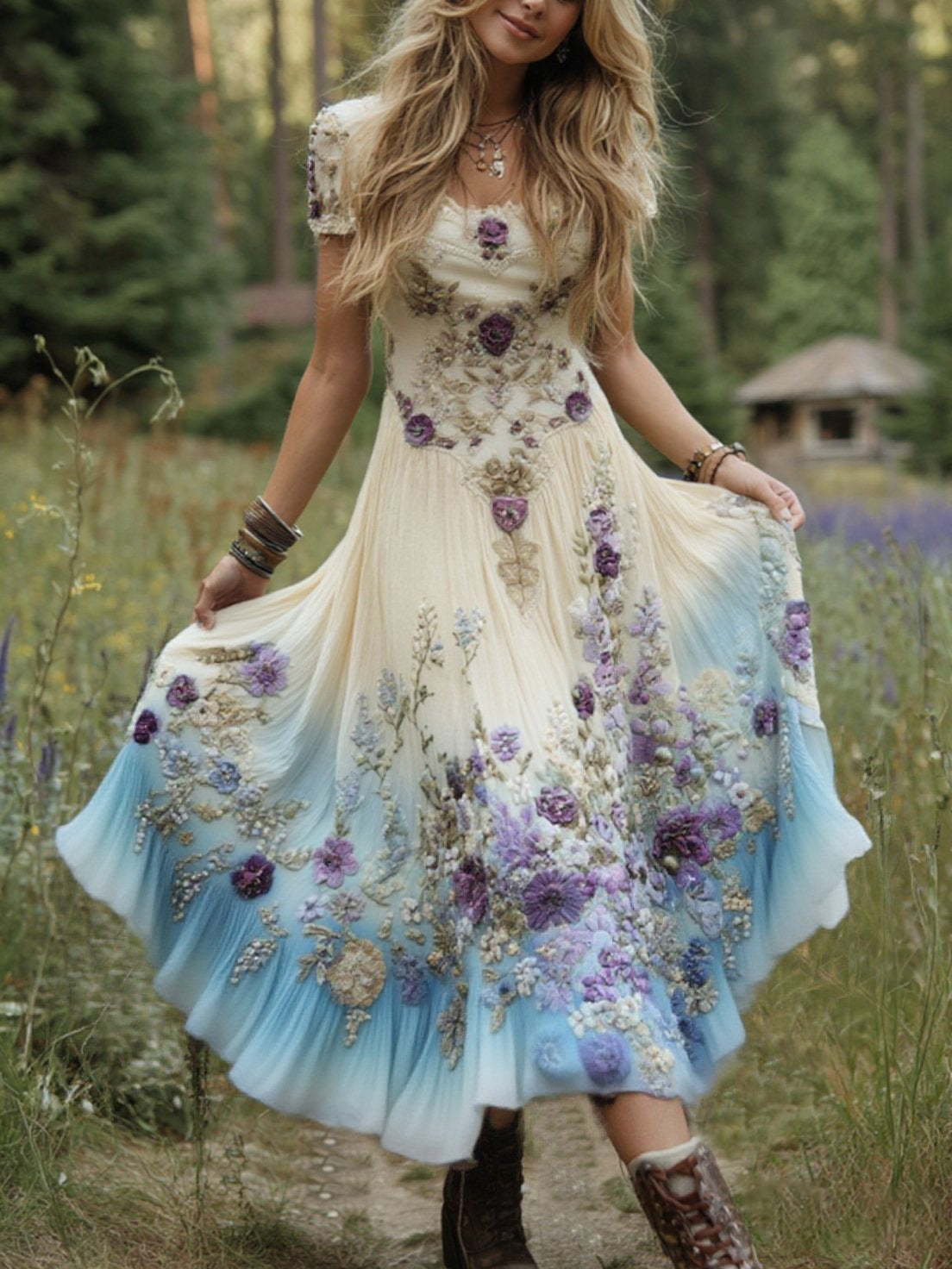 Vestito lungo elegante in lino con sfumature viola lavanda e ricamo floreale