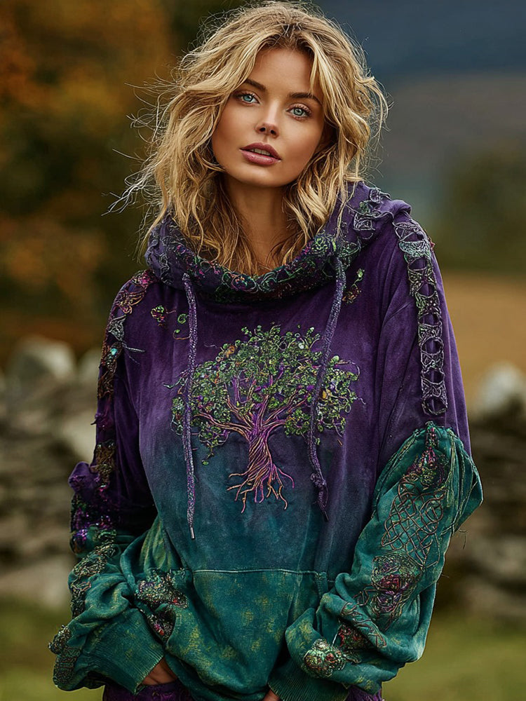 Sweat à capuche confortable à motif graphique artistique, nœud celtique et arbre de vie viking, pour femme