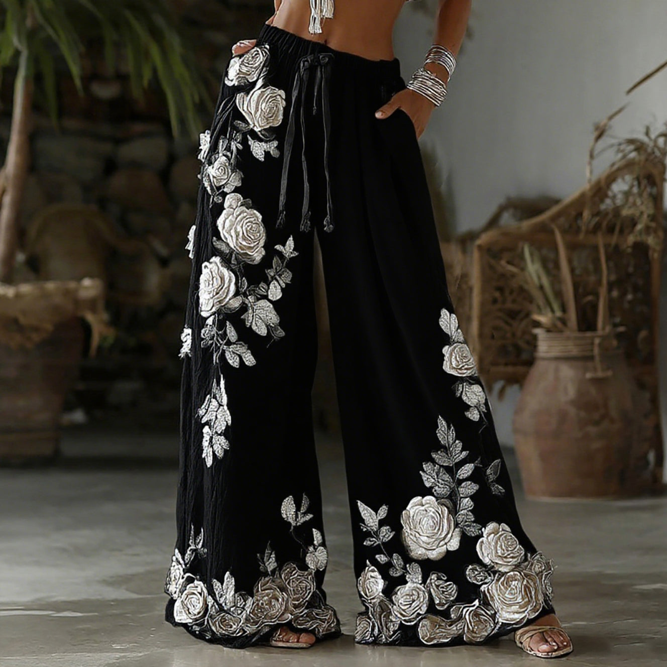 Pantalon en lin décontracté brodé floral style rétro pour femmes