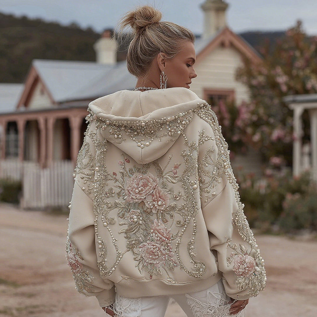 Sweat-shirt décontracté à capuche brodé floral bohème rétro pour femme