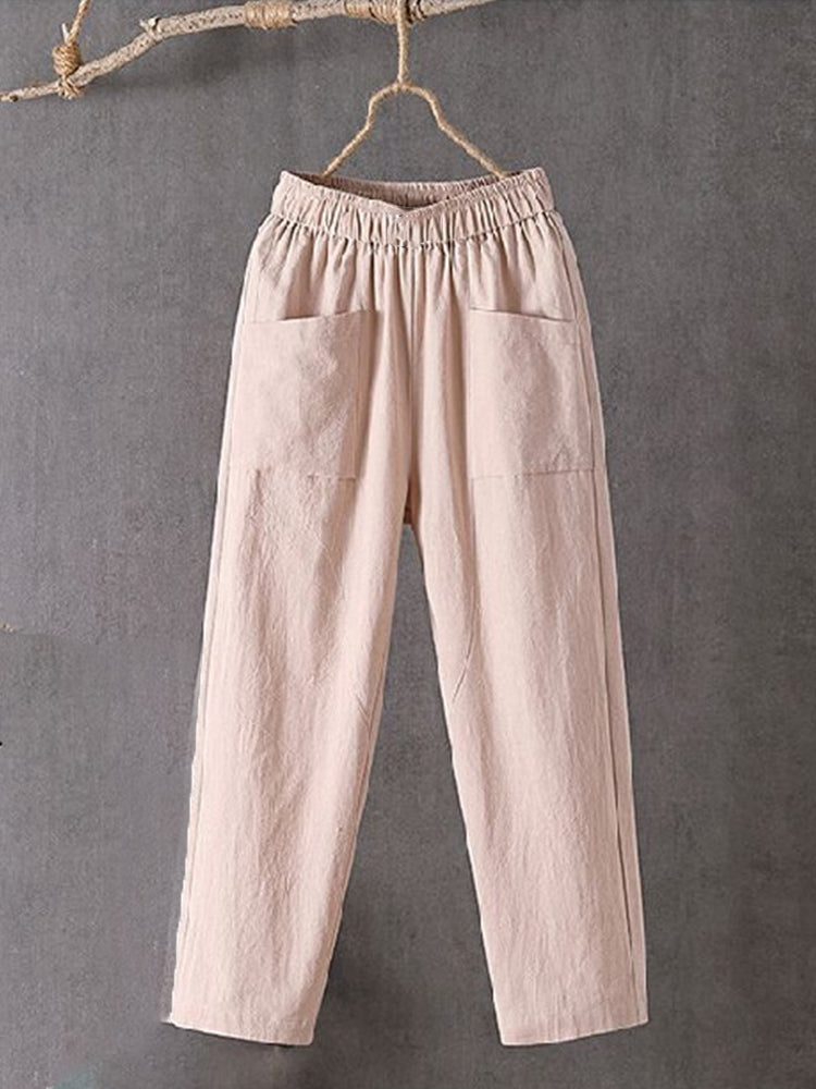 Pantalon en lin mélangé pour femme, taille élastique, design poches