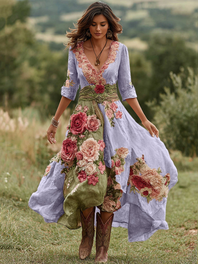 Robe longue vintage pour femme en lin mélangé à col en V et imprimé floral