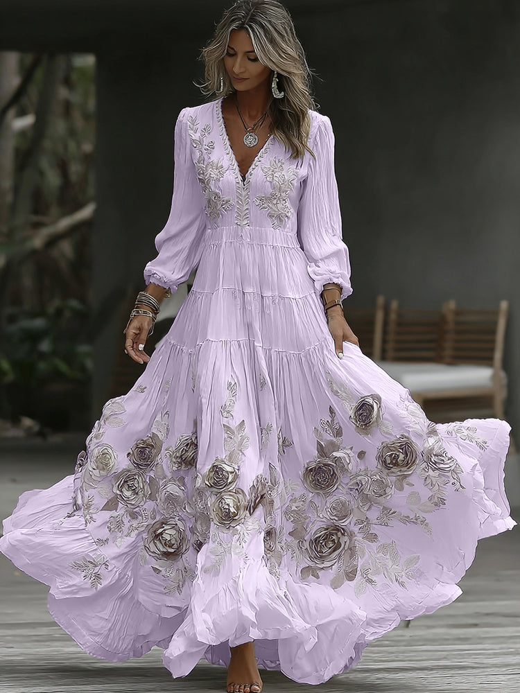 Vestito lungo casual da donna vintage con ricamo rosa, scollo a V e maniche lunghe