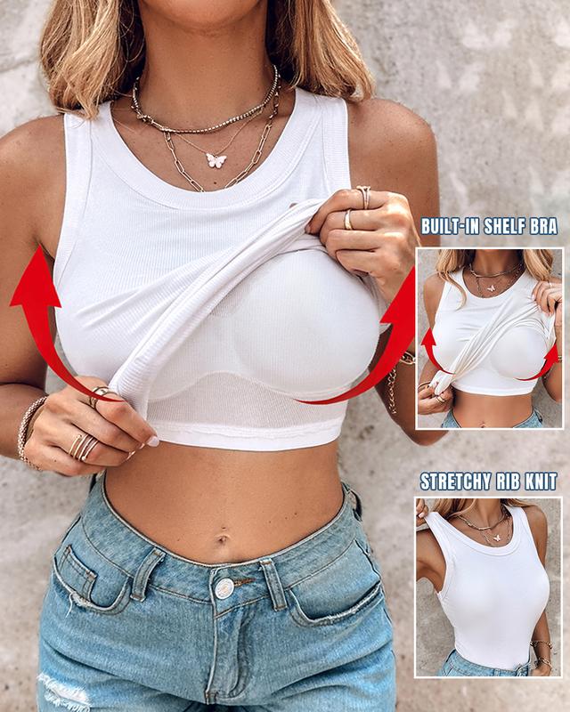 🔥Haut sans manches côtelé à col rond et soutien-gorge intégré, coupe décontractée et confortable