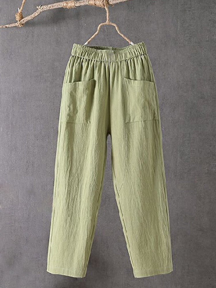 Pantalon en lin mélangé pour femme, taille élastique, design poches