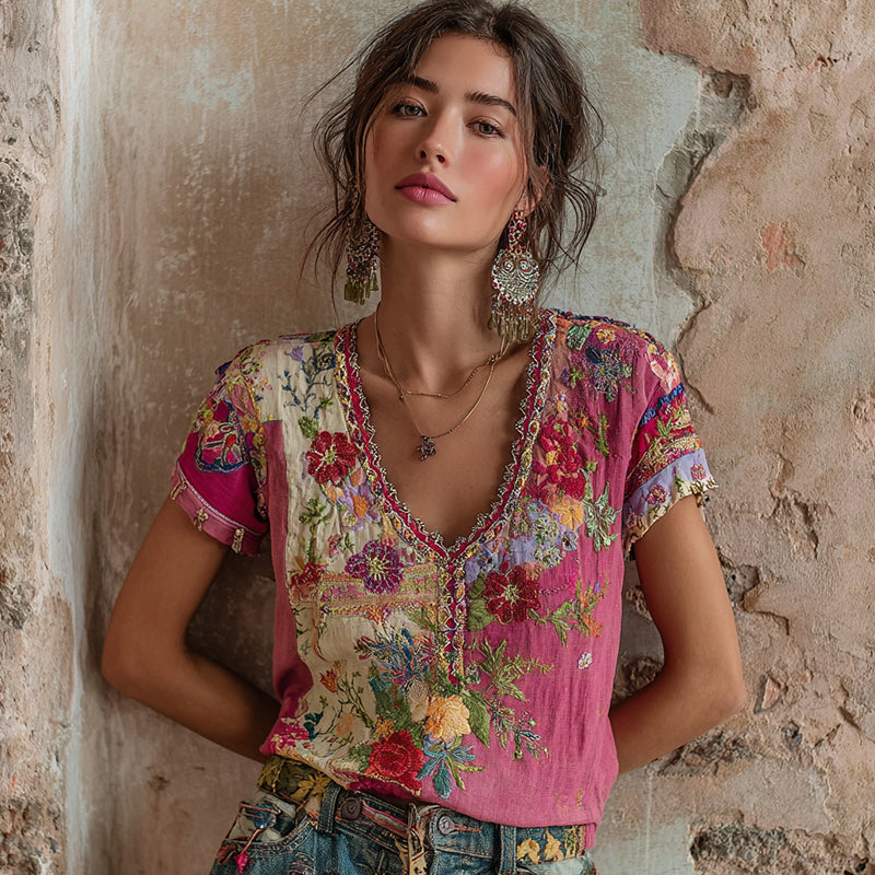 T-shirt en mélange de lin brodé floral bohème à col en V contrastant pour femme