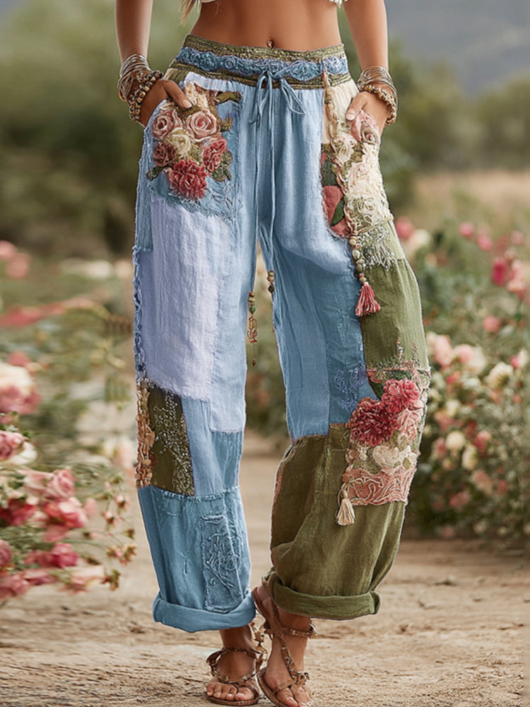 Collection Amour & Santé Pantalon en lin avec imprimé patchwork rétro roses et motifs floraux