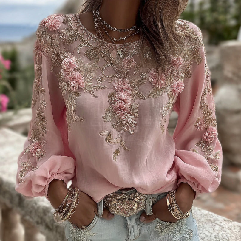 T-shirt femme vintage en mélange de lin à manches longues, col rond et broderie rose