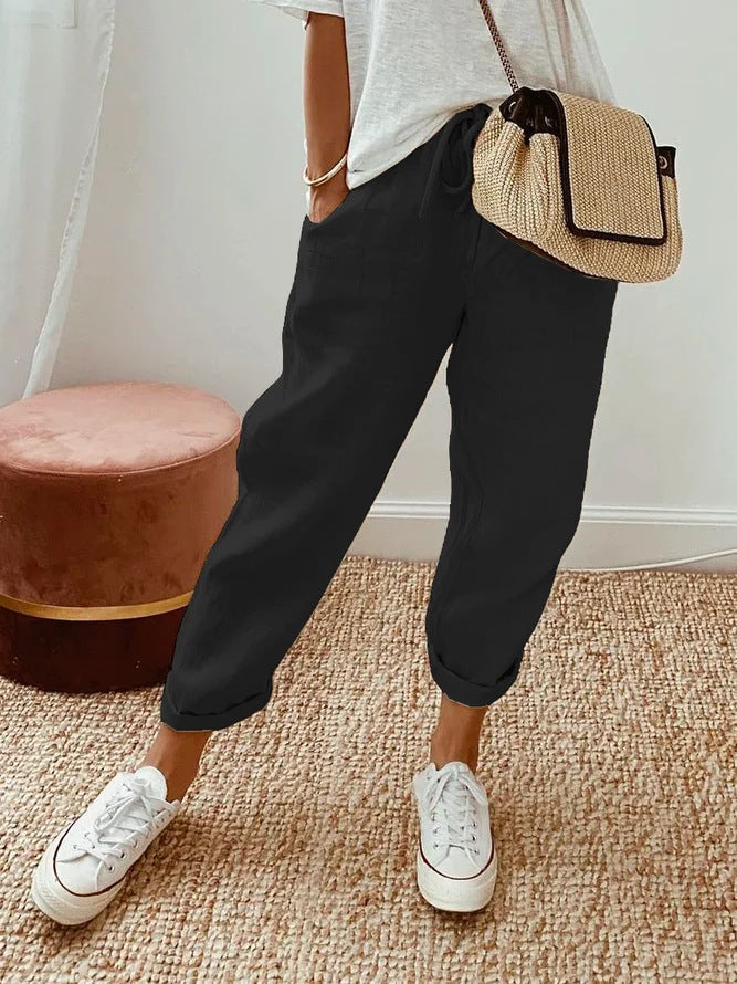 Pantalon décontracté à cordon de serrage avec poches et insert de couleur unie