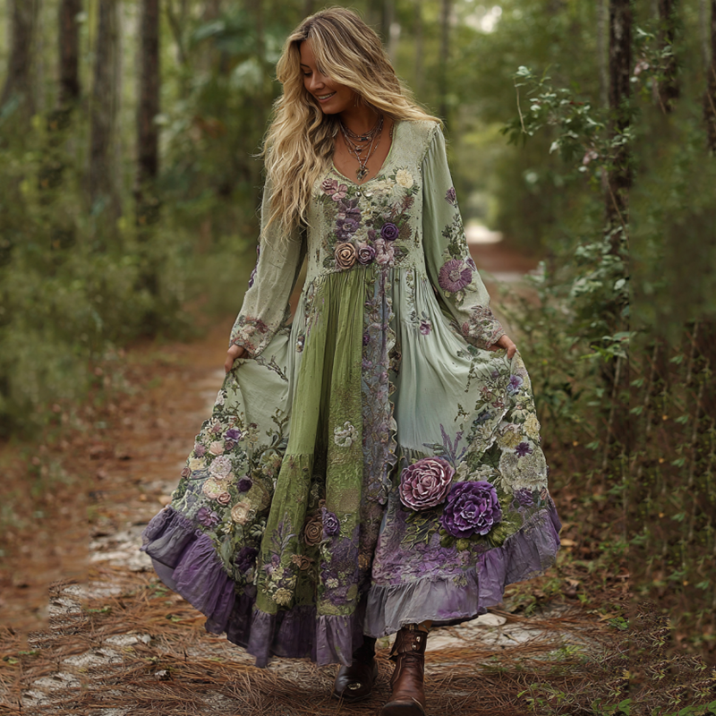 Robe longue vintage classe dégradée violette lavande et brodée de fleurs