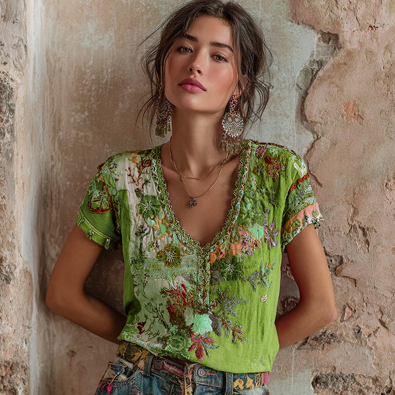 T-shirt en mélange de lin brodé floral bohème à col en V contrastant pour femme
