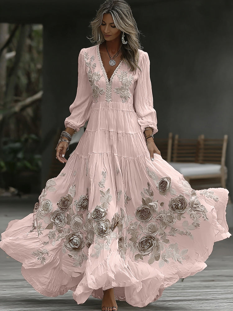 Vestito lungo casual da donna vintage con ricamo rosa, scollo a V e maniche lunghe