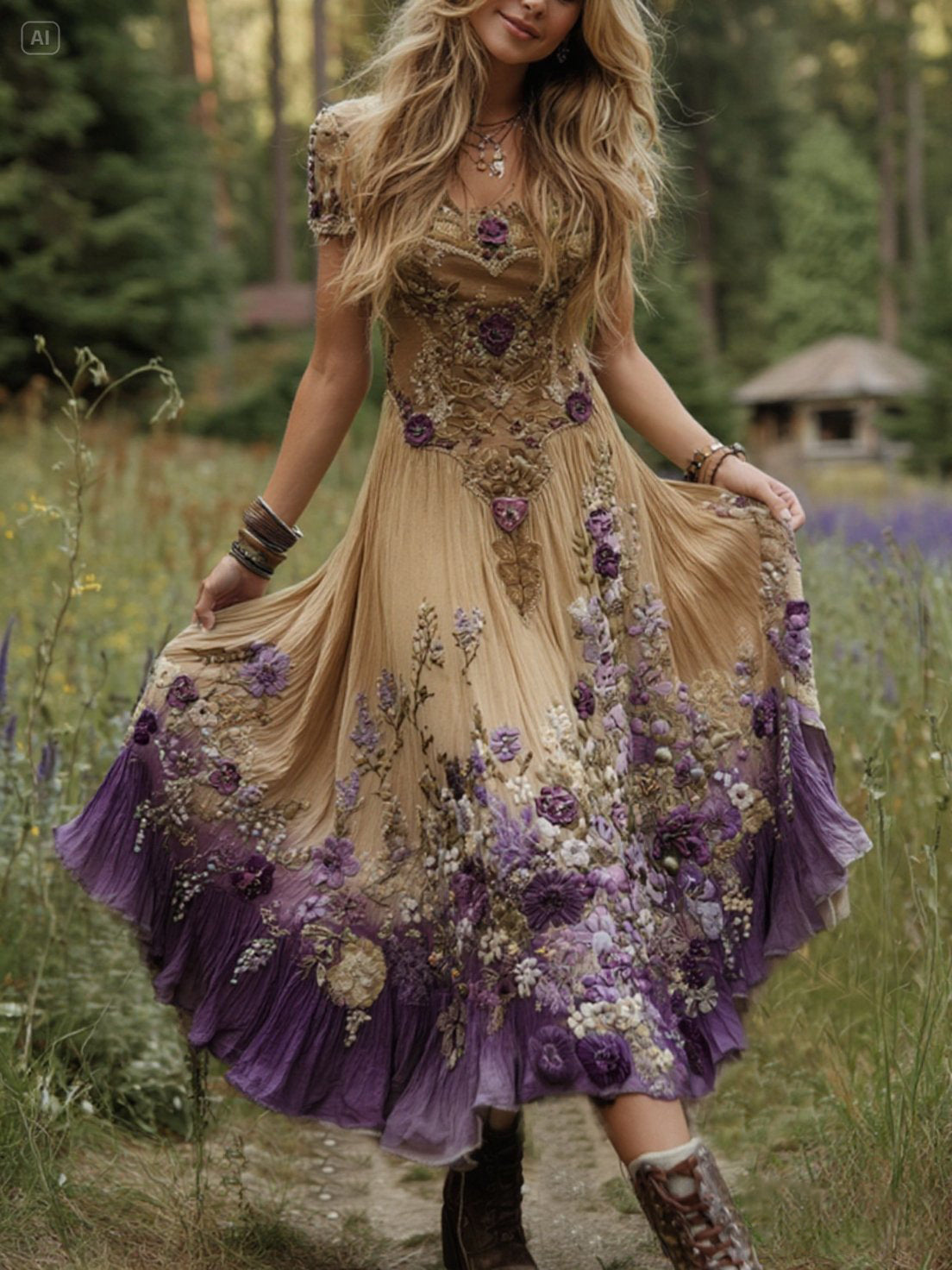 Vestito lungo elegante in lino con sfumature viola lavanda e ricamo floreale