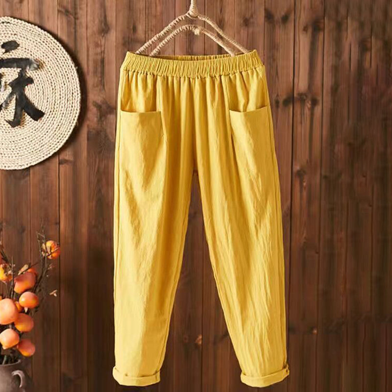 Pantalon Confortable en Coton et Lin à Poches Style Vintage