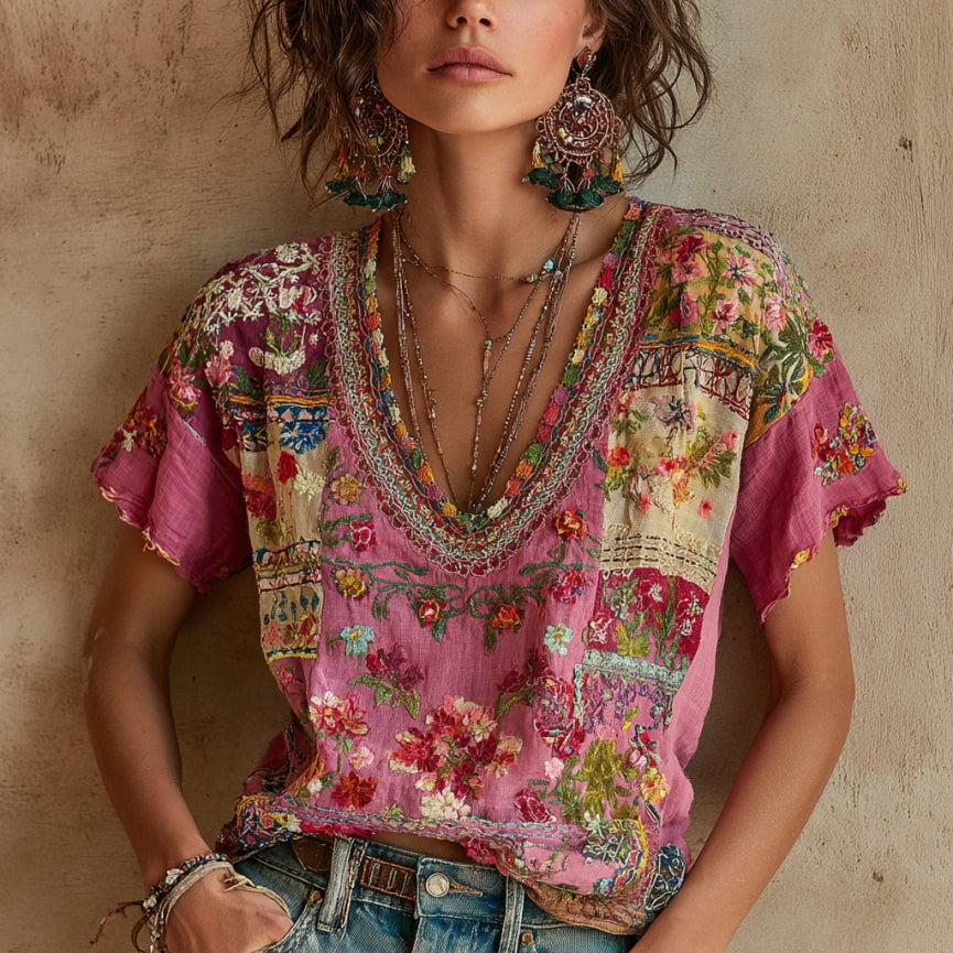 T-shirt en mélange de lin brodé floral bohème à col en V pour femme