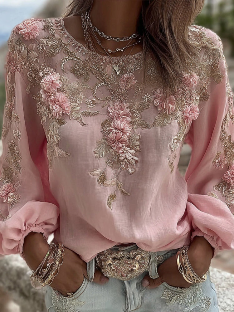 T-shirt femme vintage en mélange de lin à manches longues, col rond et broderie rose