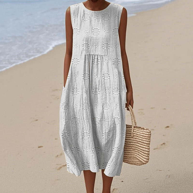 Robe débardeur ample en coton et lin sans manches à imprimé floral vintage