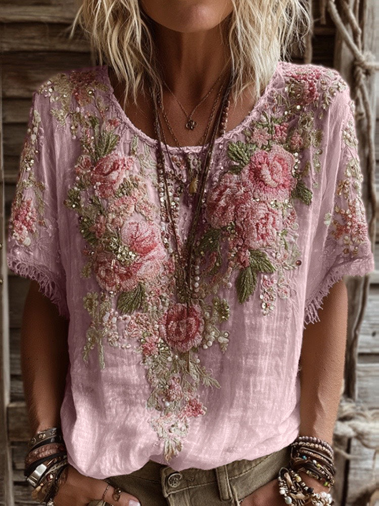 T-shirt Femme Col Rond Manches Courtes Broderie Rose Art Lin Mélangé