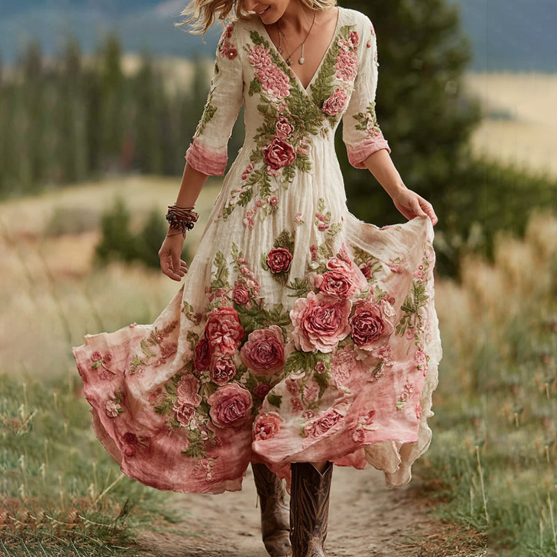 Robe longue confortable en mélange de lin à col en V, motif floral rose vintage pour femme